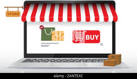Shopping Online Store su lo schermo del computer portatile. L'E-Commerce e Marketing Digitale concetto illustrazione vettoriale. Illustrazione Vettoriale