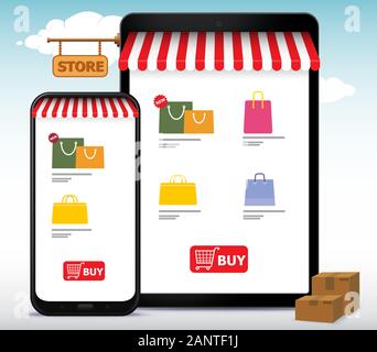 Shopping Online Store sul telefono cellulare e computer Tablet illustrazione vettoriale. L'E-Commerce e Marketing Digitale concetto. Illustrazione Vettoriale