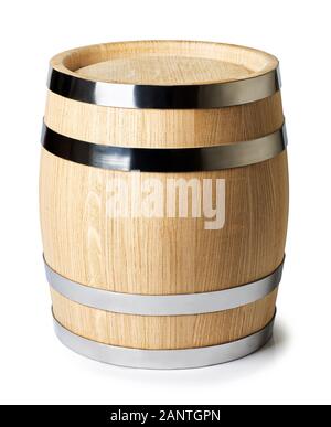 Nuovo Barile di legno per alcol bevande isolati su sfondo bianco Foto Stock