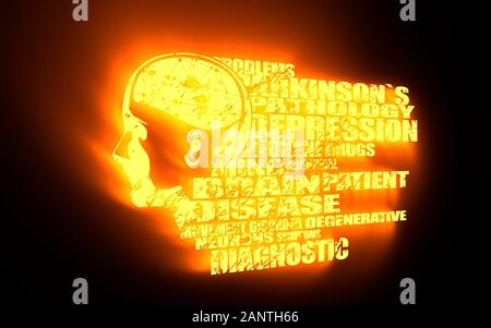 Illustrazione astratta di una testa umana con il cervello. Donna faccia silhouette. Tema medico concetto creativo. La sindrome di Parkinsons malattia tags cloud. 3D ri Foto Stock