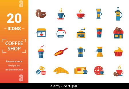 Coffe Shop icon set. Includere elementi creativi i chicchi di caffè, cappuccino, macchina del caffè, caffè per andare, caffè ghiacciato icone. Può essere utilizzato per il report Illustrazione Vettoriale