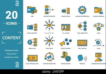 Icona Contenuto impostato. Includere elementi creativi cms, piano del contenuto, contenuti digitali viral marketing, media plan icone. Può essere utilizzato per il report Illustrazione Vettoriale