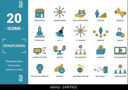 Icona Crowdfunding set. Includere elementi creativi marketplace, partecipazione sociale, pre-release, ricompense, piattaforma di finanziamento delle icone. Può essere utilizzata per Illustrazione Vettoriale