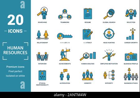Risorse Umane icon set. Includere elementi creativi ricerca, riprendere, relazione di head hunting, intervista icone. Può essere utilizzato per il report Illustrazione Vettoriale
