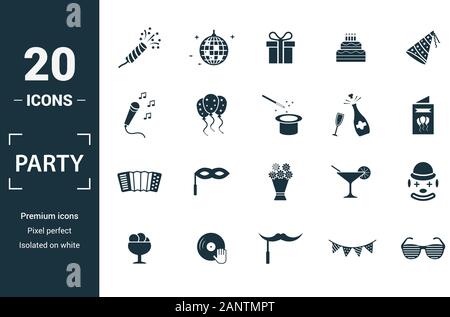 Party Icona icona set. Includere elementi creativi enca con coriandoli, dono, karaoke, champagne, armonico icone. Può essere utilizzato per la relazione, presentazione Illustrazione Vettoriale