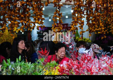 Hong Kong, Cina. Xix gen, 2020. La gente compra i fiori e altri oggetti di arredamento per preparare il Capodanno cinese di Hong Kong. Il nuovo anno cinese cade il 25 gennaio 2020, segna l'inizio dell'anno del ratto. Credito: Keith Tsuji/ZUMA filo/Alamy Live News Foto Stock