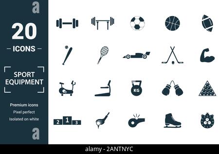 Attrezzature sportive icon set. Includere elementi creativi manubri, calcio, baseball, hockey, cyclette icone. Può essere utilizzato per il report Illustrazione Vettoriale