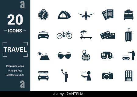 Icona del viaggio impostata. Includere elementi creativi bussola, aerei, taxi, carta di credito, il sole e monti icone. Può essere utilizzato per la relazione, presentazione Illustrazione Vettoriale