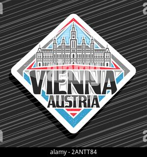 Il logo del vettore per Vienna, rombo decorativo cartello stradale con draw illustrazione del Municipio di Vienna sul cielo azzurro sfondo, disegno turistico magnete frigo w Illustrazione Vettoriale