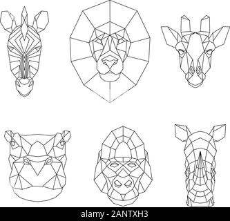 Set di poligonale di animali africani. Teste di geometrica di zebra, leoni, giraffe, ippopotami, gorilla e rhino. Illustrazione Vettoriale. Illustrazione Vettoriale