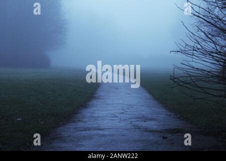 La nebbia, cupo percorso attraverso un parco in Inghilterra Foto Stock