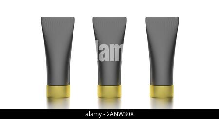 Tubo di cosmetici modello di contenitore. Bianco crema gel tubi mockup colore nero con coperchi oro isolati su sfondo bianco, prodotto per la cura della pelle di imballaggio. 3 Foto Stock