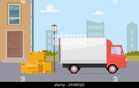 Carrello in movimento e le scatole di cartone sulla strada della citta'. Casa in movimento. Società di trasporto. Vettore illustrazione piatta Illustrazione Vettoriale