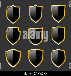Nero e oro set di protezioni. Emblemi di protezione. Simboli di sicurezza Illustrazione Vettoriale
