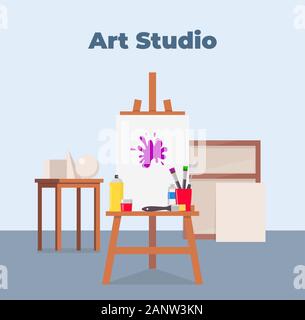 Art Studio interno. Cavalletto, tela, vernice e tutti gli strumenti necessari per disegnare. Bella composizione per pubblicità arte studio. Vettore illustrat piatta Illustrazione Vettoriale