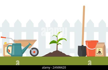 Appena piantato nel terreno di germogliare e attrezzi da giardino intorno. Piantina albero da frutta con pala, concimi e annaffiatoio. Illustrazione per agricultura Illustrazione Vettoriale