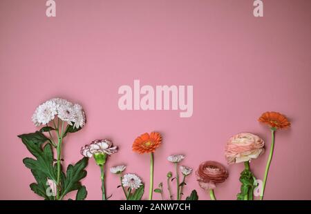 Festive floreali sul rosa rosa sfondo. Vista superiore, laici piatta con una copia di spazio e di overhead. Concetto per la festa della mamma, San Valentino, compleanno Foto Stock