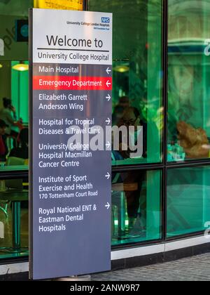 University College Hospital di Londra - UNITÀ CENTRALE ABITACOLO di Londra. Firmare all'entrata di University College Hospital Euston Road Londra Centrale Foto Stock