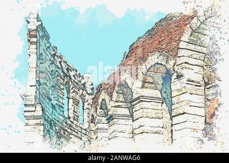 Disegno ad acquerello di una parte della parete di antico romano Colosseo o Arena di Verona in Italia. Foto Stock