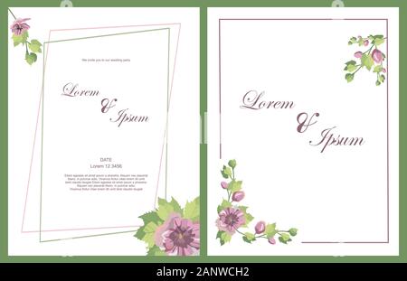 Set di carta con fiori e foglie di invito a nozze. Lettering . Poster floreali, invitare. Vector decorativi della scheda Messaggi di saluto. Illustrazione Vettoriale