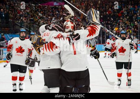 Losanna, Svizzera. Xix gen, 2020. Il canadese maschile di hockey su ghiaccio team festeggia il loro 6-0 vittoria sulla Danimarca nel 2020 Inverno Olimpiadi della Gioventù a losanna svizzera. Credito: Christopher Prelievo/ZUMA filo/Alamy Live News Foto Stock