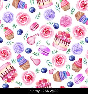 Torta, tortina, macarons seamless pattern con rose e foglie. Illustrazione ad acquerello su sfondo bianco. Disegnato a mano. Foto Stock