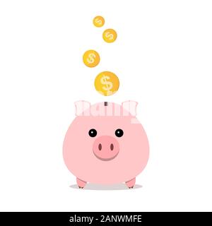 Maiale e monete d'oro isolati su sfondo bianco. Salvadanaio con la caduta delle monete in design piatto. Oro dollaro coin - illustrazione vettoriale. Illustrazione Vettoriale