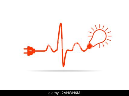 Tappo di filo e la lampadina icona piatta. Illustrazione Vettoriale. Spina della lampadina della luce e del cavo di alimentazione nel modulo di battito cardiaco. Concetto di energia elettrica e illuminazione. Illustrazione Vettoriale