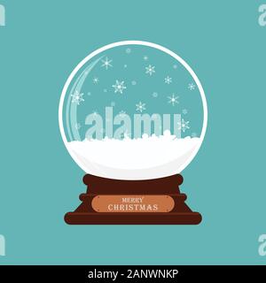 Buon Natale pallina di vetro con la neve. Globo di natale con la neve su sfondo blu. Illustrazione Vettoriale. Illustrazione Vettoriale