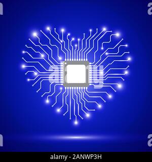 Abstract sfondo con scheda di circuito elettronico e chip. Sfondo blu con cuore lucido. Illustrazione Vettoriale. Illustrazione Vettoriale