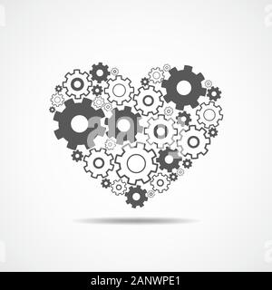 Cuore grigio con ruote dentate. Silhouette di meccanica del cuore umano. Cuore di ingranaggi. Illustrazione Vettoriale. Illustrazione Vettoriale