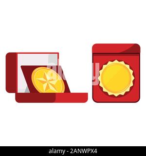Medaglia d' oro bianco in open velluto rosso scatola anteriore superiore visualizza immagine isolata su sfondo bianco. Illustrazione Vettoriale
