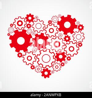 Cuore rosso con ruote dentate. Silhouette di meccanica del cuore umano. Cuore di ingranaggi. Illustrazione Vettoriale. Illustrazione Vettoriale