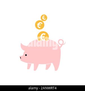 Rosa salvadanaio e monete d'oro isolato. Salvadanaio con la caduta delle monete in euro nel design piatto. Illustrazione Vettoriale. Illustrazione Vettoriale