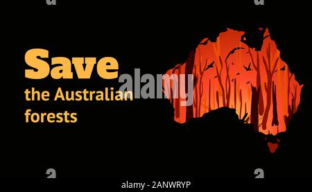 Banner con posto per testo per aiutare l'Australia da incendi boschivi. Contorno di Australia con una foresta di masterizzazione. Vettore illustrazione cartoon Illustrazione Vettoriale