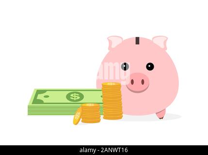 Salvadanaio con denaro contante e delle monete in euro. Illustrazione Vettoriale. Salvadanaio e denaro contante isolati su sfondo bianco. Illustrazione Vettoriale