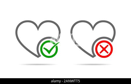 Cuori con Sì e No segni di spunta. Sì e No segni di spunta. Illustrazione Vettoriale. Cuori di colore grigio con rosso e i segni di spunta verdi su sfondo chiaro. Illustrazione Vettoriale