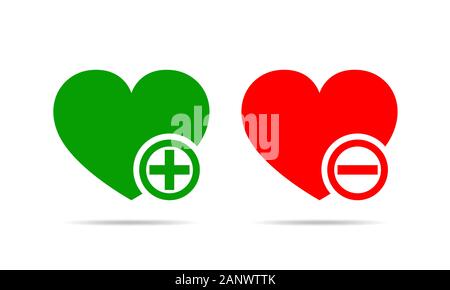Cuore con i segni più e meno marchi. Sì e No concept. Illustrazione Vettoriale. Il rosso e il verde cuore con i segni più e meno mark su sfondo bianco. Illustrazione Vettoriale