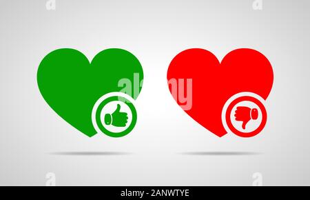 Cuore verde con il pollice verso l'alto. Cuore rosso con il pollice verso il basso. Sì e No concept. Illustrazione Vettoriale. Illustrazione Vettoriale