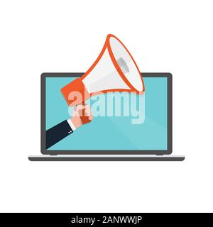 Altoparlante o un megafono in mano maschio che esce dallo schermo del computer portatile. Red megafono e laptop, isolati su sfondo bianco. Illustratio vettore Illustrazione Vettoriale