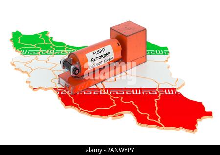 Registratore di volo, scatola nera sulla mappa iraniano 3D rendering isolati su sfondo bianco Foto Stock