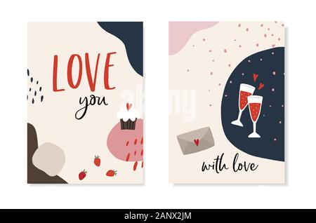 Set di San Valentino biglietti di auguri e inviti. Bicchieri di vino, tortina, lettera e fragole con cuori. L amore è il testo. Geometrica astratta Illustrazione Vettoriale