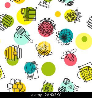 Il miele seamless pattern con graziosi battenti api, esagonale, a pettine Illustrazione Vettoriale