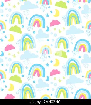 Modello senza cuciture con arcobaleno, nuvole e stelle in colori pastello. Illustrazione Vettoriale