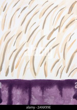 Illustrazione acquerello astratta viola e beige in forme geometriche, curve e linee. Molta struttura e interesse in questa illustrazione. Foto Stock