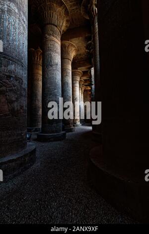 La Sala Grande Hypostyle del Tempio di Khnum, il tetto è sostenuto da 18 colonne enormi con varie capitali floreali Foto Stock