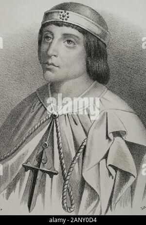 Alvaro de Luna (1390-1453). Nobile castellano de la Casa de Luna. Condestable de Castilla, maestre de la Orden de Santiago y valido del Rey Juan II de Castilla. Dibujo por Llanta. Detalle. Litografía. Crónica General de España, Historia Ilustrada y Descriptiva de sus Provincias. Aragón, 1866. Biblioteca Histórica Militar de Barcelona, Cataluña, España. Foto Stock