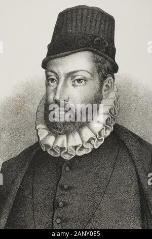 Felipe II (1527-1598). Rey de España (1556-1598), hijo de Carlos I y de la emperatriz Isabel. Dibujo por Salcedo. Detalle. Litografía. Crónica General de España. Historia Ilustrada y Descriptiva de sus Provincias. Aragón, 1866. Biblioteca Histórico Militar de Barcelona, Cataluña, España. Foto Stock