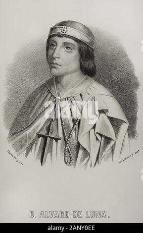 Alvaro de Luna (1390-1453). Nobile castellano de la Casa de Luna. Condestable de Castilla, maestre de la Orden de Santiago y valido del Rey Juan II de Castilla. Dibujo por Llanta. Litografía. Crónica General de España, Historia Ilustrada y Descriptiva de sus Provincias. Aragón, 1866. Biblioteca Histórica Militar de Barcelona, Cataluña, España. Foto Stock