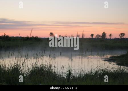 Nebbia su un lago al tramonto nel Paese Foto Stock